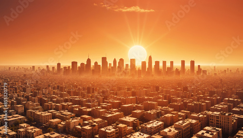 Hot weather in the city. Heat wave in the town. Global warming in urban environment.