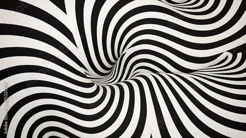 Black and white striped pattern. Abstract 3D rendering of a striped surface with a twist.