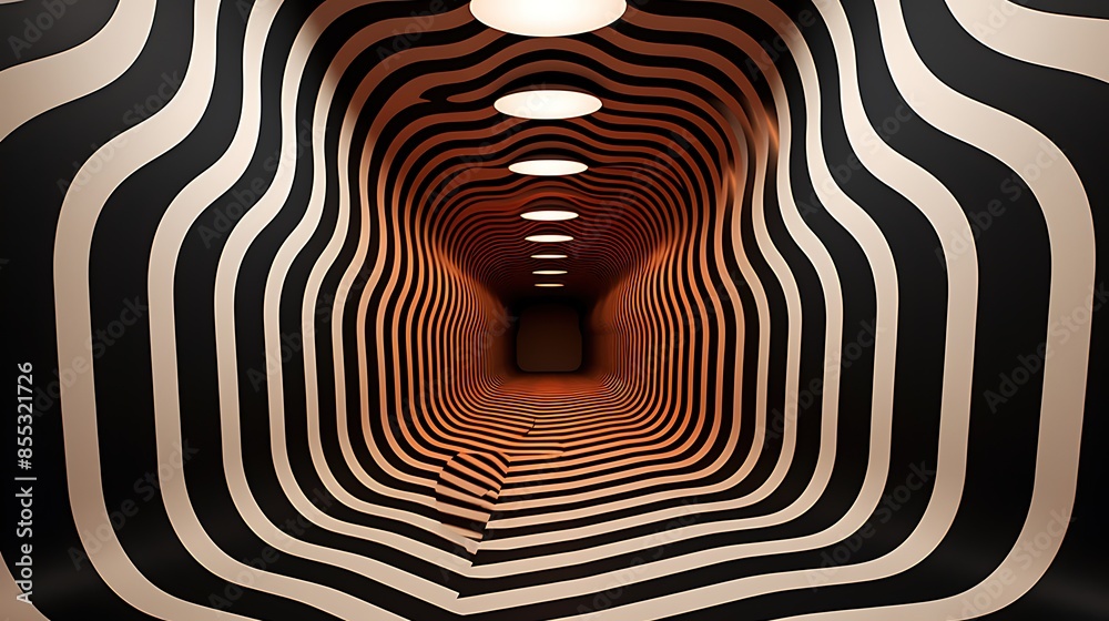 Obraz premium Black and white striped tunnel. The walls are curved and the stripes are uneven, creating a sense of movement and depth.