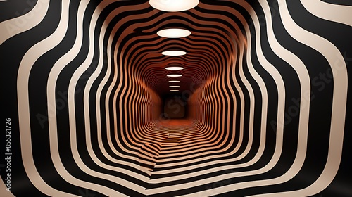 Black and white striped tunnel. The walls are curved and the stripes are uneven, creating a sense of movement and depth. photo