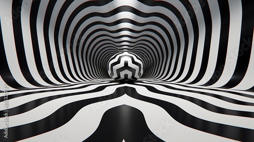 Black and white striped tunnel with a sphere at the end of the tunnel. The sphere is also black and white and has a geometric pattern on its surface.