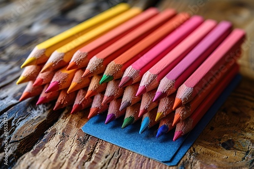 A photo of colorful pencils neatly arranged in a fan shape on a wooden table background. Next to the pencils are business cards with a minimalist design, done in pastel tones. Natural window light