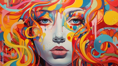 This is a painting of a woman's face. She has bright blue eyes, full lips, and long, flowing hair. © BozStock