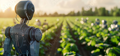 A futuristic robot with humanlike features stands in the foreground