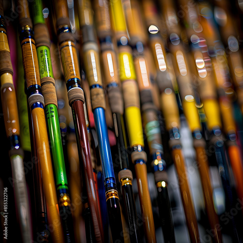 Fishing Rods Lined Up Neatly in a Sports Outfitter - Organized and Ready for Action photo