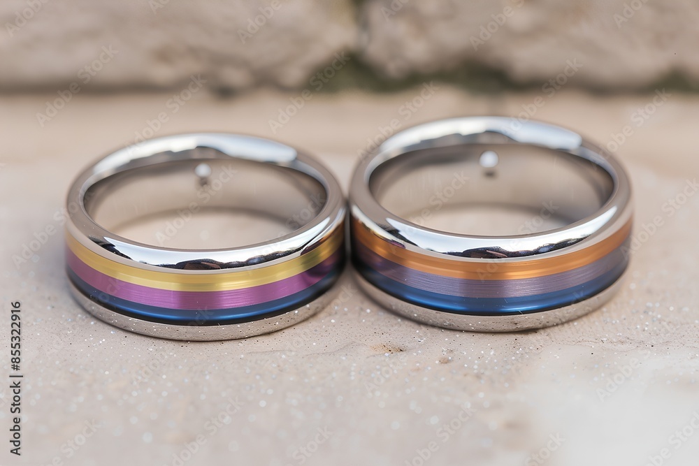 Two stainless steel rings with rainbow colors, each set on the edge of its own ring. The left side is a smooth band in silver color and the right one features a gradient from light purple to dark blue Two stainless steel rings with rainbow colors, each set on the edge of its own ring. The left side is a smooth band in silver color and the right one features a gradient from light purple to dark blue