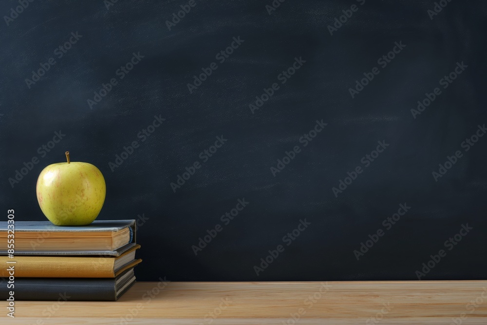 Obraz premium ed apple and books on the left side, with an empty blackboard background for copy space, solid color backdrop