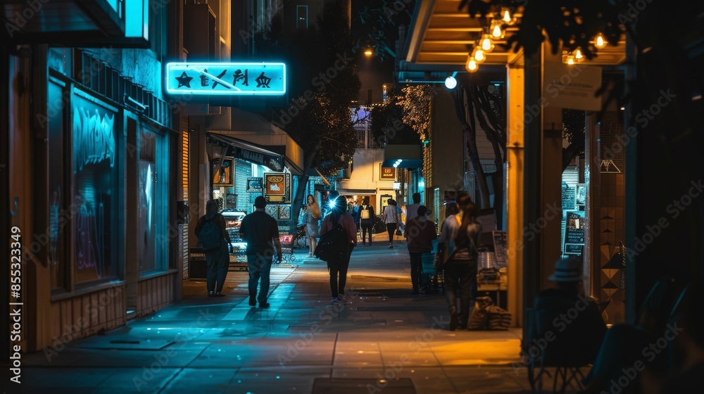 A vibrant city street at night with people walking under neon lights.