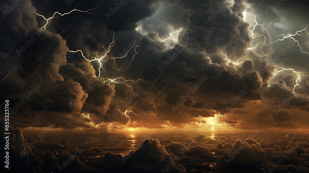 Fototapeta premium A dramatic and awe-inspiring image of a stormy sky. The dark clouds are filled with bright lightning bolts, and the rain is falling heavily.