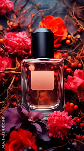 Packshot: Perfume bottle on top of flower bouquet