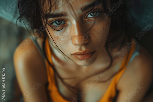 Close-up portrait of a beautiful woman in a tank top with dark hair and blue eyes, posing for a photo on the floor in a moody atmosphere with cinematic colours