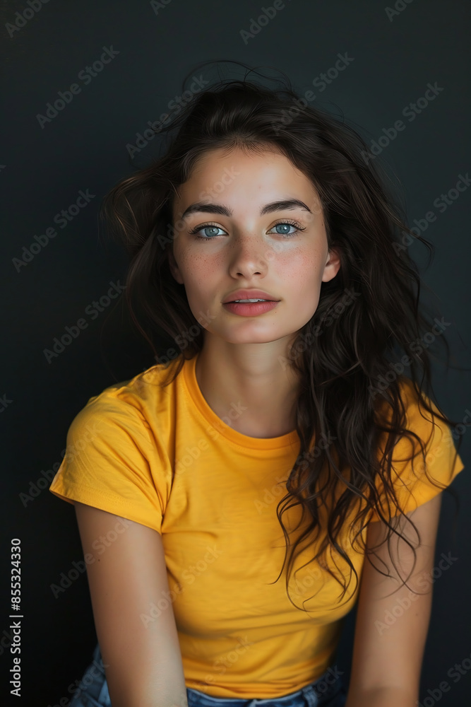 Portrait photography of a beautiful woman in a yellow t-shirt and jeans, with long dark hair and blue eyes, against a black background