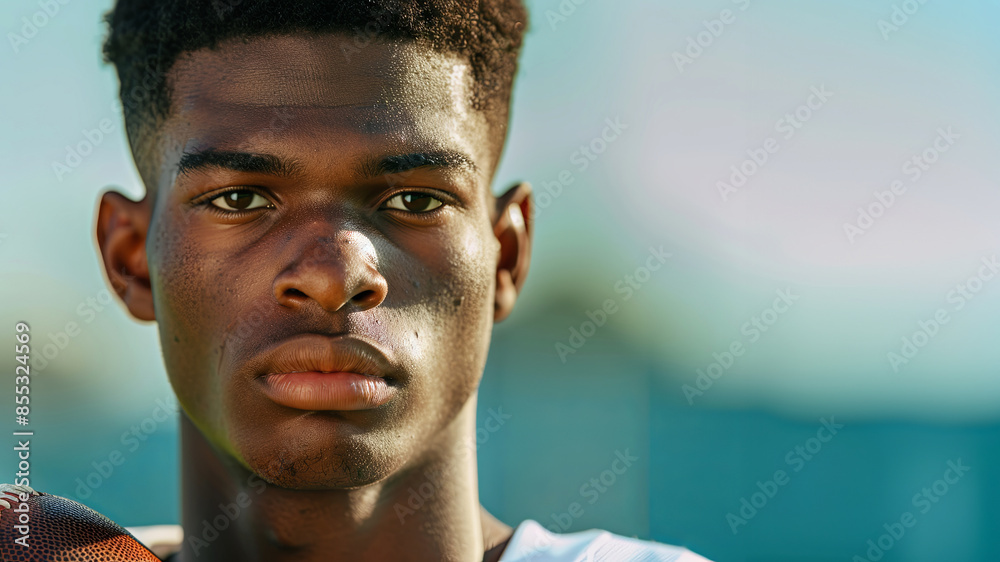 portrait of a student football team player, natural light on a bright sunny day, shallow depth of field, college football championship stage portrait of a student football team player, natural light on a bright sunny day, shallow depth of field, college football championship stage