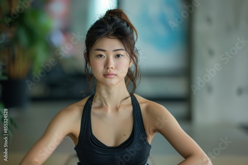 Young woman doing pilates exercise routine in her home © ChaoticMind