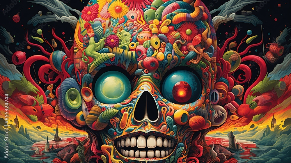 This is a highly detailed and colorful illustration of a skull. This is a highly detailed and colorful illustration of a skull.
