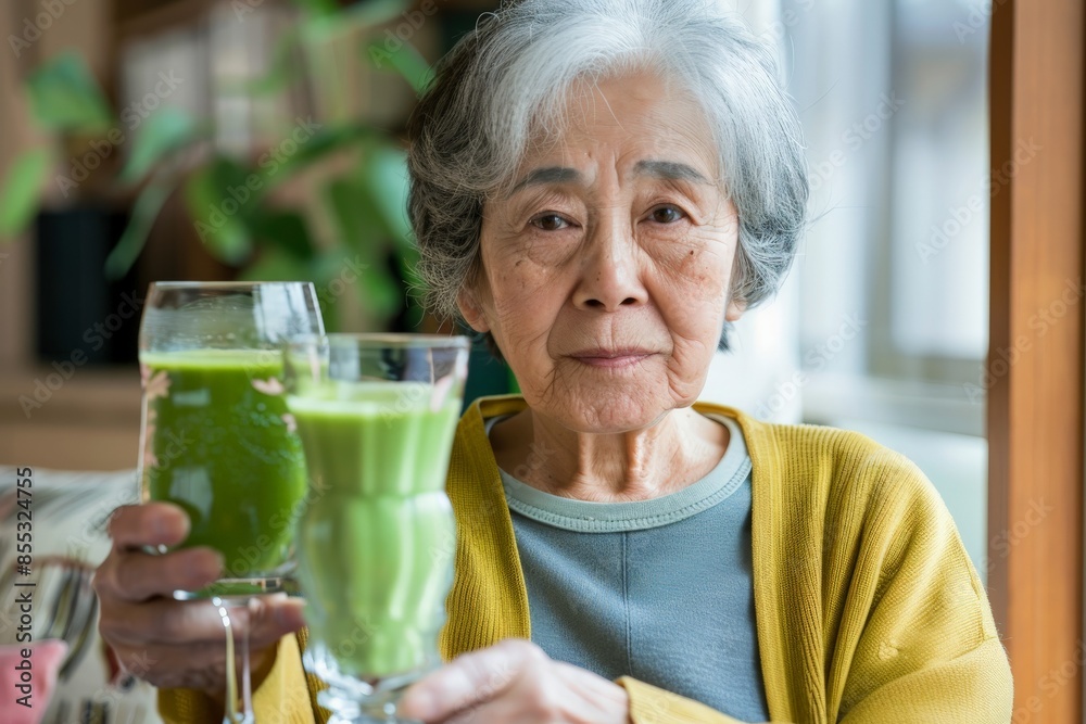 Senior woman holding two glasses of green smoothie at home Senior woman holding two glasses of green smoothie at home