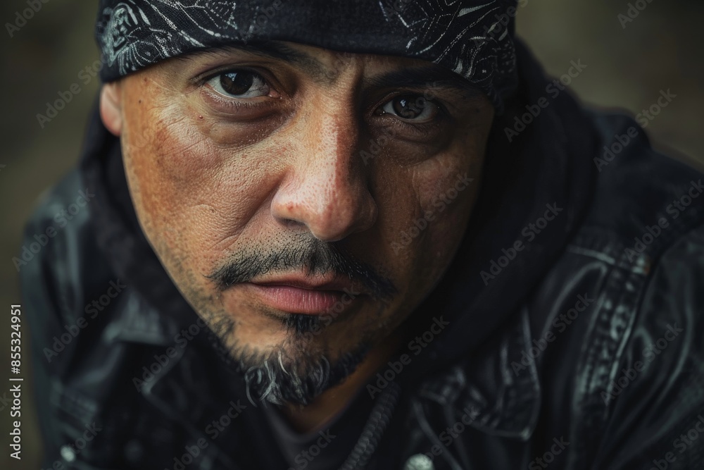 Biker with bandana staring showing intensity in his eyes Biker with bandana staring showing intensity in his eyes