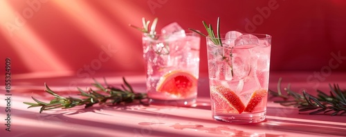 Refreshing pink gin and tonic with ice and rosemary garnish served on a vibrant table