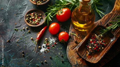 Fresh ingredients and spices on rustic surface © Juan