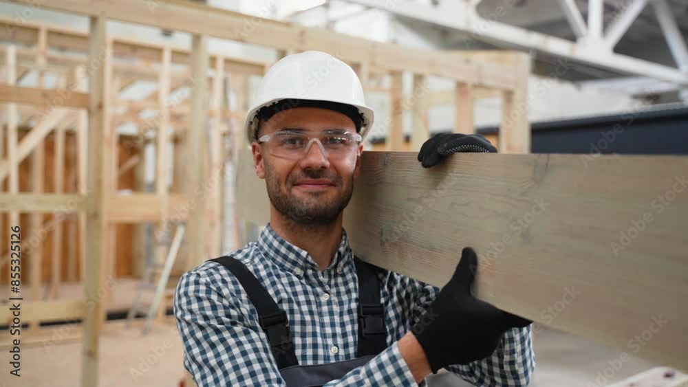 Worker carpenter in uniform with plank near unfinished prefabricated modular house in construction site Worker carpenter in uniform with plank near unfinished prefabricated modular house in construction site