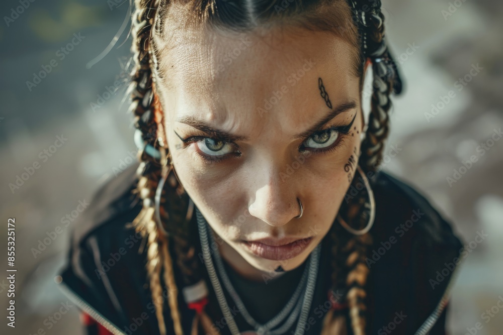 Young woman with braids and tattoos showing rebellious expression Young woman with braids and tattoos showing rebellious expression