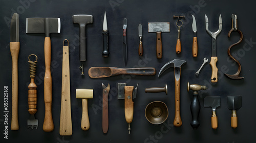A collection of tools, including hammers, pliers, and knives