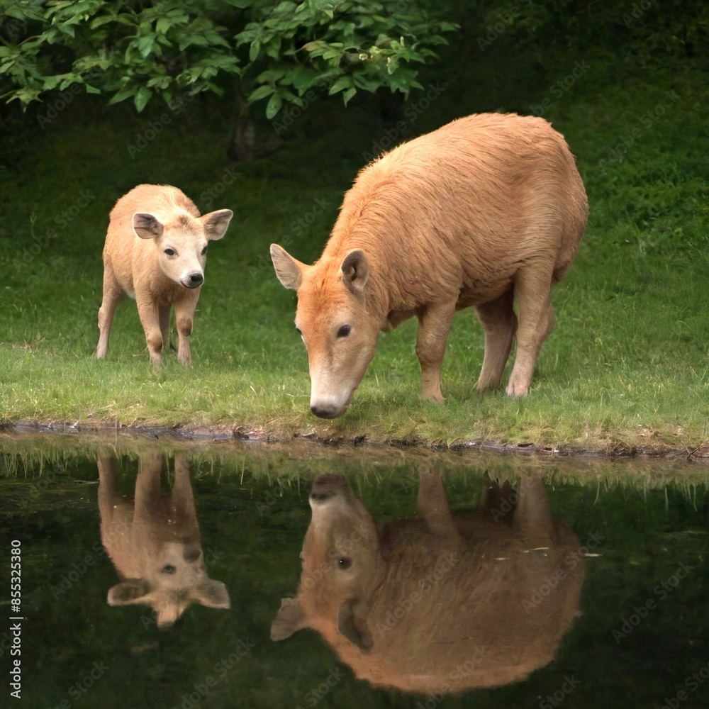 two pigs standing at the edge of a still, reflective pond. two pigs standing at the edge of a still, reflective pond.