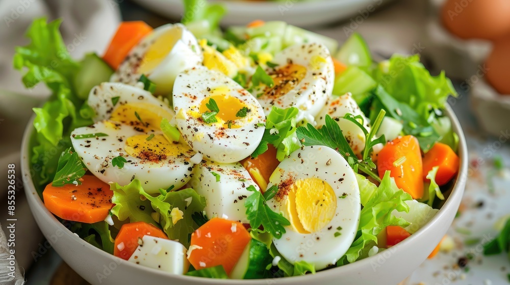 Egg salad with hard boiled eggs celery carrots romaine lettuce and a dash of coarse black pepper Egg salad with hard boiled eggs celery carrots romaine lettuce and a dash of coarse black pepper