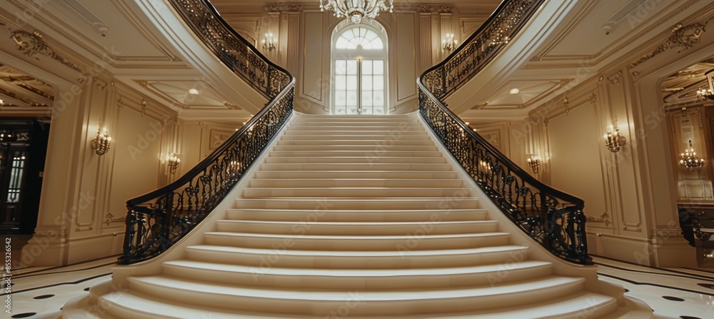 Obraz premium Grand Staircase in Luxurious Mansion Showcasing Elegant Design and Craftsmanship