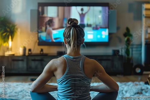 Woman watching instructional yoga video at home while sitting on the floor. Back view of a woman practicing meditation and fitness in a cozy living room. Home workout routine. Generative AI