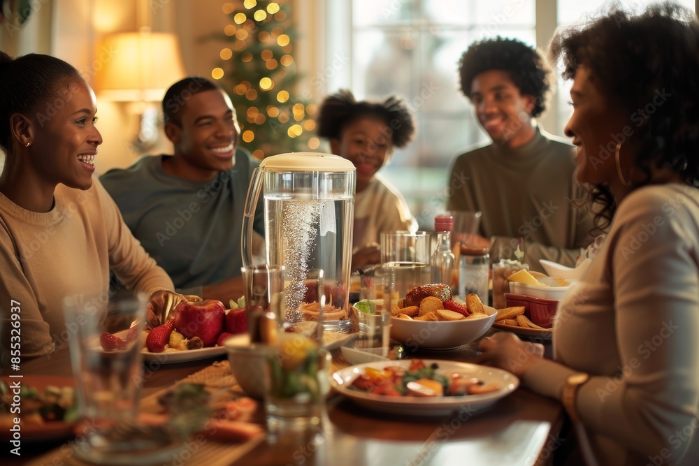 Family Enjoying a Festive Meal with a Water Filter Pitcher - Warm and Inviting Atmosphere Family Enjoying a Festive Meal with a Water Filter Pitcher - Warm and Inviting Atmosphere