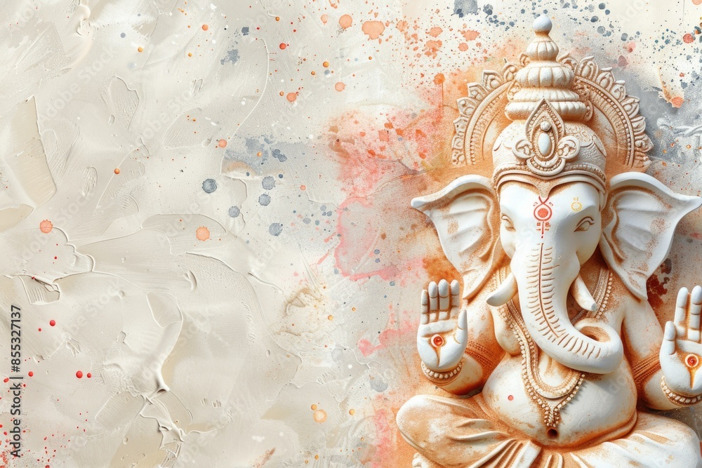 Fototapeta premium Ganesha is painted with splashes of paint, clay-colored paint. free space for text. background pastel Indian white pattern
