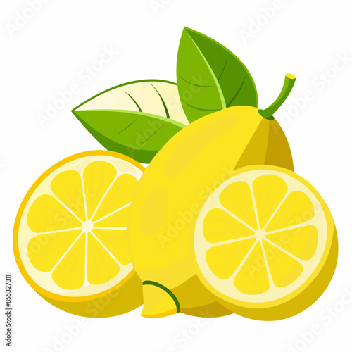 Whole and sliced lemons with bright yellow color and green leaves. The lemons are displayed with detailed texture showing their fresh, juicy insides.