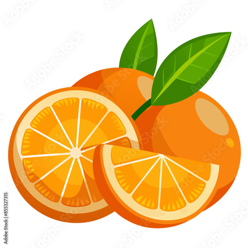 Whole and sliced oranges with vibrant orange color and green leaves. The oranges are shown with detailed texture highlighting their juicy, fresh insides.