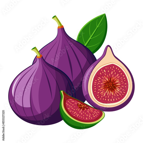 Whole and sliced figs with rich purple skin and red flesh, along with green leaves. The figs are shown in detail, highlighting their unique texture and vibrant color.
