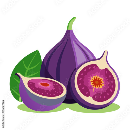 Whole and sliced figs with rich purple skin and red flesh, along with green leaves. The figs are shown in detail, highlighting their unique texture and vibrant color.