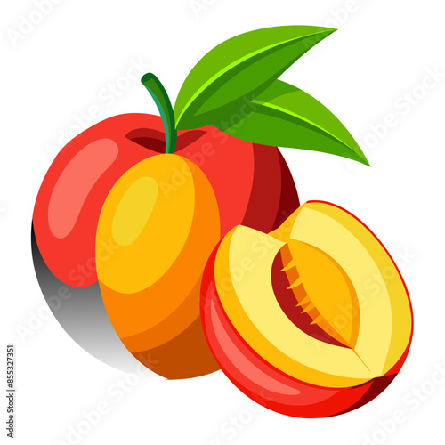 Illustration of whole and half peaches with leaves on a white background.