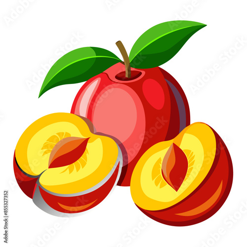 Illustration of whole and halved plums with leaves on a white background.