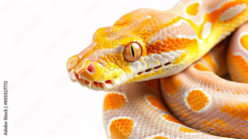 Fototapeta premium Orange Ghost Yellow Belly Ball Python An Orange Ghost Yellow Belly Ball Python with bright, contrasting colors, set on an isolated white background for World Snake Day