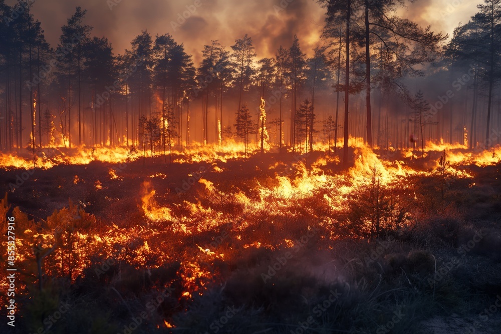 A sweeping forest fire spreads through the woods, with fire consuming the underbrush and engulfing trees in a smoky haze A sweeping forest fire spreads through the woods, with fire consuming the underbrush and engulfing trees in a smoky haze