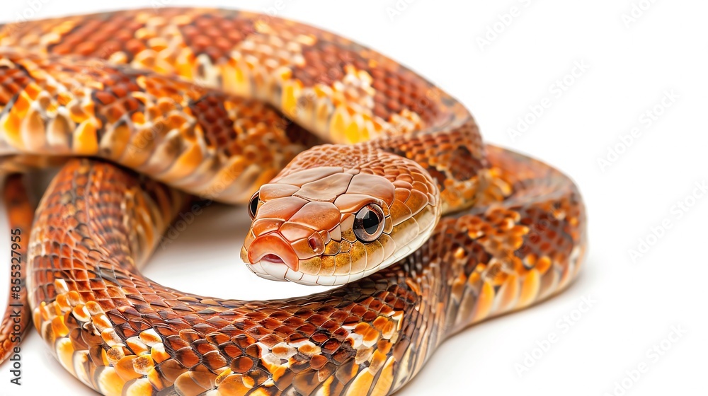 Rootbeer Corn Snake with warm brown and orange patterns, photographed on a white background, perfect for an earthy and natural look Rootbeer Corn Snake with warm brown and orange patterns, photographed on a white background, perfect for an earthy and natural look