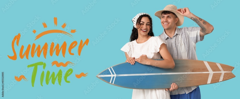 Obraz premium Happy young couple with surfboard on blue background. Summer time