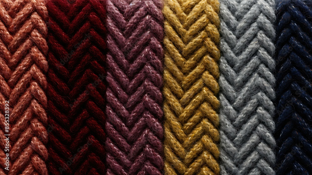 A close-up of a colorful knitted fabric. The fabric has a herringbone pattern and is made of red, brown, yellow, gray and blue yarn. A close-up of a colorful knitted fabric. The fabric has a herringbone pattern and is made of red, brown, yellow, gray and blue yarn.