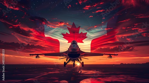 fighter jet plane with canada waving flag background design with sunset view suitable for national canada air forces day event