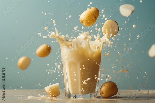 Potatoes dropping into a glass brimful of potato milk on a serene blue backdrop. Demonstrates the allure of vegan lactose-free products with natural appeal