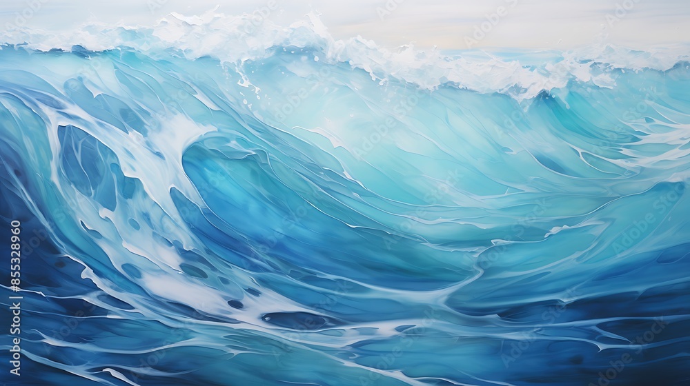 An abstract painting of a wave. The wave is depicted in shades of blue and white, with a white crest. An abstract painting of a wave. The wave is depicted in shades of blue and white, with a white crest.