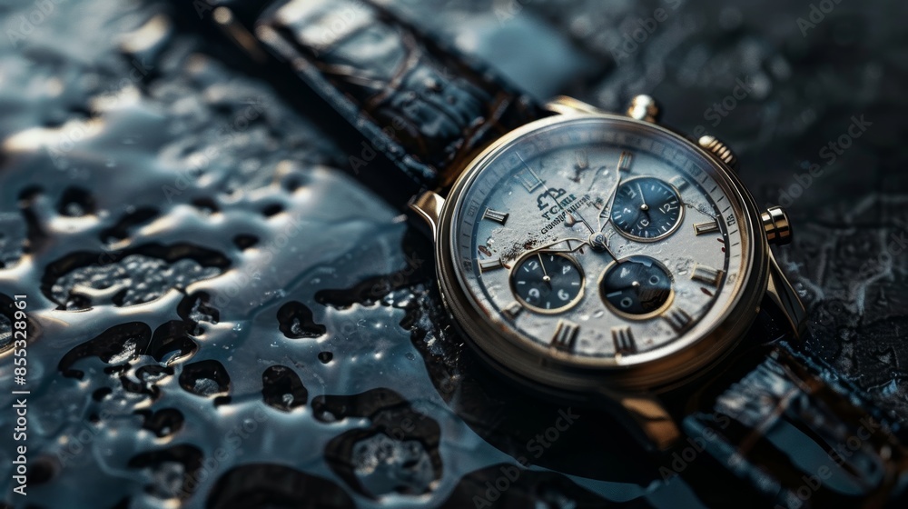 Fototapeta premium Elegant Luxury Watch on Textured Surface with Detailed Reflections
