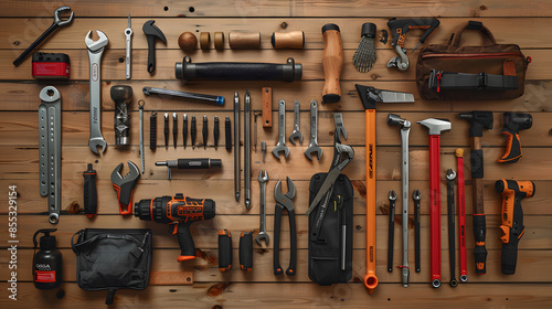 A collection of tools and hardware, including wrenches, screwdrivers, and pliers