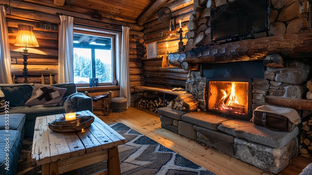 A cozy rustic cabin interior with a fireplace made from large logs, the textures and grain patterns adding to the charm A cozy rustic cabin interior with a fireplace made from large logs, the textures and grain patterns adding to the charm