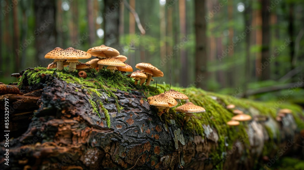 Obraz premium A detailed shot of a fallen log in a forest, with mushrooms and moss growing on its surface, adding to the rustic atmosphere